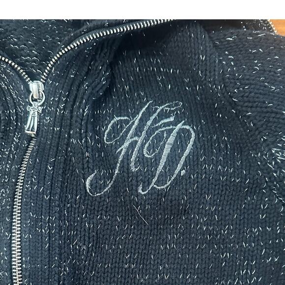 Harley Davidson Black/Silver Cotton Knit Sweater Zip Cardigan Embroidered, Large - Picture 3 of 9